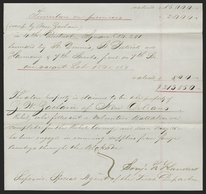 Blockade Runners Choice Manuscript Document Signed by Benj. F. Flanders  Supervis. Special Agent of the Treas. Department, 1 page, ca 24 x 7.75 (two legal folio sheets tipped
top to bottom), New Orleans, September 1, 1863. Flande