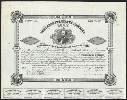 Act of August 19, 1861. $500. Cr. 68A, B-103. No. 28. As previous, but without imprint B. Duncan. Signed by Tyler. 24 coupons below. Fold wear, some discoloration at right
edge, VF. From The Holger Dreher Collection