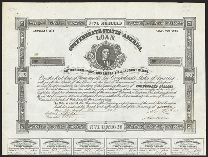 Act of August 19, 1861. $500. Cr. 70, B-114. No. 328. As previous, except blue-black ink on mottled paper. With no imprint. Signed by Tyler. 26 coupons below. Dutch revenue
stamp. Foxed, especially along vertical fold, edge wear, a strong <