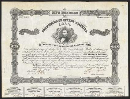 Act of August 19, 1861. $500. Cr. 72, B-120. No. 1834. T. H. Watts. Signed by Tyler. 31 coupons below. Folds, staple holes in margins, light foxing, about VF. From The Holger
Dreher Collection