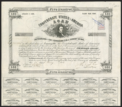 Act of August 19, 1861. $500. Cr. 73, B-123. No. 857. R.M.T. Hunter, top center. Signed by Tyler. 30 coupons below. Dutch stamp at top right. Fold and edge wear, but VF. From
The Holger Dreher Collection