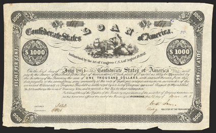 Act of August 19, 1861. $1000. Cr. 76, B-32. No. 688. Due July 1, 1864. Vignette of Liberty, Confederate flag on shield, ships. 24 stamp on verso. Edge wear especially at
bottom including margin tears, toned, light spotting, but sharp