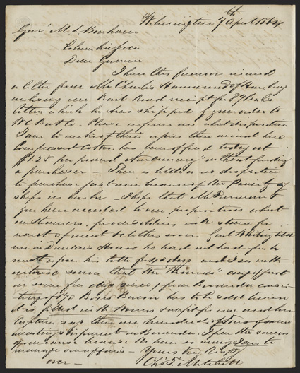 Blockade Runners: Charles T. Mitchell Great content ALS by Mitchell, a merchant, 1-15 pages, 4to, Wilmington, NC, April 4, 1864. He writes Governor M.L. Bonham of South Carolina
about blockade running: I have this forenoon received a letter