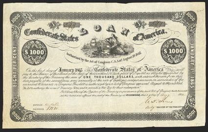 Act of August 19, 1861. $1000. Cr. 77, B-35. No. 399. Due January 1, 1865. As previous. Signed by Jones. Toned, folds, edge wear, VF. From The Holger Dreher
Collection