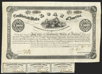 Act of August 19, 1861. $1000. Cr. 78, B-38. No. 968. Due July 1, 1865. As previous. Signed by Tyler. 3 coupons below. Folds, uneven right edge, overall toning, good VF. From
The Holger Dreher Collection