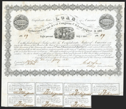 Act of August 19, 1861. $1000. Cr. 81, B-47. No. 89. Signed by Jones. Some uneven toning, VF+.