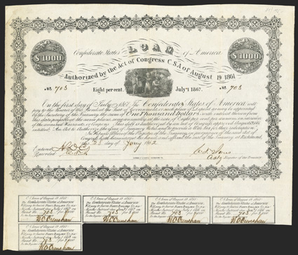 Act of August 19, 1861. $1000. Cr. 81, B-47. No. 703. As preceding. Signed by Jones. 5 coupons below. Fold and edge wear, light soiling at left margin, VF. From The Holger
Dreher Collection