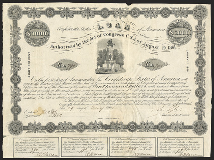 Act of August 19, 1861. $1000. Cr. 82. Criswell Plate Bonds. B-50. Vignette of equestrian statue of Washington on the capitol grounds in Washington. Signed by Tyler. 2 coupons
below. Hoyer & Ludwig. Fold splits repaired on verso with pape