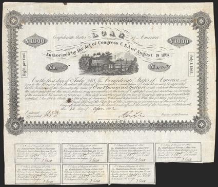 Act of August 19, 1861. $1000. Cr. 83, B-53. No. 1057. As previous. Signed by Tyler. Dutch and Bondholders Committee stamps on verso. 7 coupons below. Fold and edge wear, two
ink blots, but about VF. From The Holger Dreher Collection<