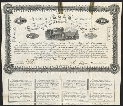 Act of August 19, 1861. $1000. Cr. 83, B-53. No. 585. Train with straight steam, ship in distance. Signed by Tyler. Complete 13 coupons Tesa (?) - only 5 known. Fold wear
including internal holes and splits at top and bottom, with two tape