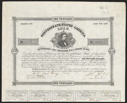 Act of August 19, 1861. $1000. Cr. 86, B-66. No. 468. Jefferson Davis. Signed by Tyler. 13 coupons below. B. Duncan. Folds, some soiling, but a sharp VF. From The Holger Dreher
Collection