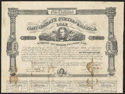 Act of August 19, 1861. $1000. Cr. 87. Criswell Plate Bond. B-69. No. 96. C.G. Memminger portrait supported by Commerce and Agriculture, ships and factories in the distance.
Signed by Tyler. 13 coupons below. Blotches on face, folds, ligh