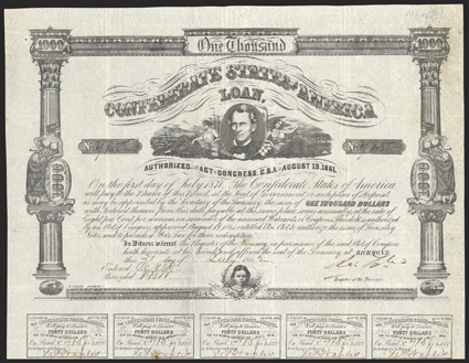 Act of August 19, 1861. $1000. Cr. 87, B-69. No. 715. C.G. Memminger at center, supported by Agriculture and Commerce with ships and factories in the background. Childs head at
bottom. Signed by Tyler. 15 coupons below. B. Duncan. Fold wear,