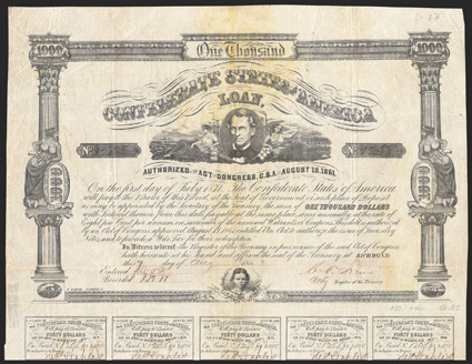 Act of August 19, 1861. $1000. Cr. 87, B-69. No. 1258. As previous. Signed by Jones. 13 coupons below. Overall toning, with extra discoloration along folds, edge and fold wear,
good Fine. From The Holger Dreher Collection
