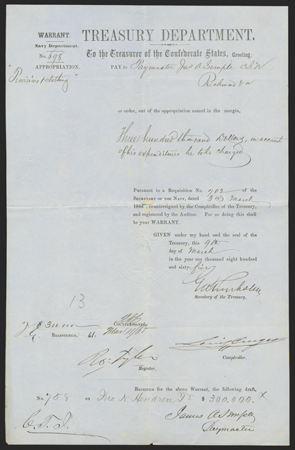 Blockade Runners: Trenholm, Tyler, and Others, Great combination Confederate States Document Signed by G.A. Trenholm as CSA Secretary of the Treasury, and also by register Ro:
Tyler,  Comptroller Lewis Cruger, and with his i
