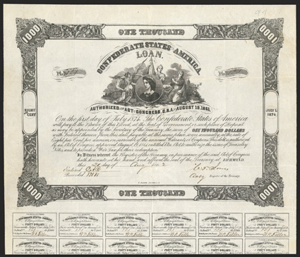 Act of August 19, 1861. $1000. Cr. 91, B-86. No. 121. Portrait of Mrs. Lucy H. Pickens, surrounded by three allegorical females. Signed by Jones. 19 coupons below. B. Duncan.
Light fold and edge wear, a strong VF. From The Holger Dreh
