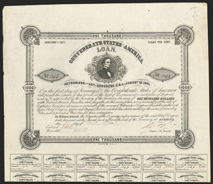 Act of August 19, 1861. $1000. Cr. 95, B-106. No. 1143. Jefferson Davis. Signed by Tyler. 24 coupons below. B. Duncan. Fold, edge wear and toning, a strong VF. From The Holger
Dreher Collection