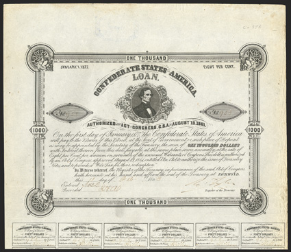 Act of August 19, 1861. $1000. Cr. 95A, B-105. No. 953. Jefferson Davis. Signed by Tyler. 24 coupons below. No imprint. Bondholders Committee stamp on verso. Edge wear and
toning at top and right, fingerprints bottom, VF. From The Hol