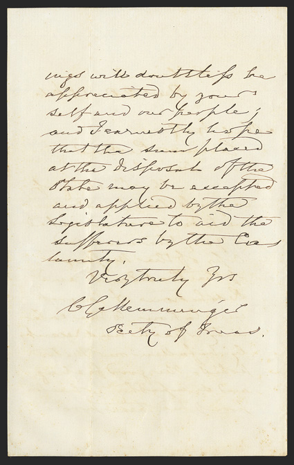 Charleston: CG Memminger and FW Pickens  Important Autograph Letter Signed C.G. Memminger, Secy of Treas., 2 pages, 8vo, Richmond, December 20, 1861. He writes to Gov. F.W.
Pickens of South Carolina, sending a copy of the messages o