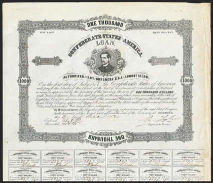 Act of August 19, 1861. $1000. Cr. 96, B-110. No. 2243. Portrait of Burton Harrison. Signed by Tyler. 27 coupons, 3 missing. B. Duncan. Wear along right edge, a strong VF. From
The Holger Dreher Collection