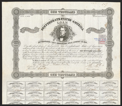 Act of August 19, 1861. $1000. Cr. 98, B-118. No. 51. As previous. Signed by Tyler. 29 coupons below. Dutch revenue stamp right and handstamp on verso. Ink stains on verso,
folds, light edge wear, but VF. From The Holger Dreher Collec