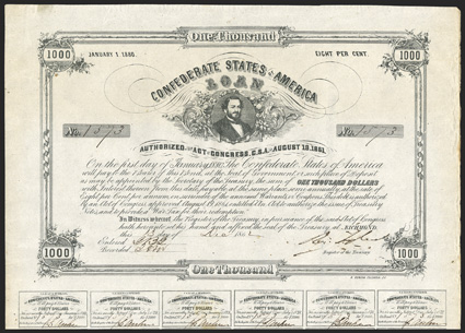 Act of August 19, 1861. $1000. Cr. 100, B-124. No. 1573. Litho by B. Duncan. Signed by Tyler. Complete with all coupons. Light spots, wear and toning at right edge, wear at
bottom edge, but displays well and VF.