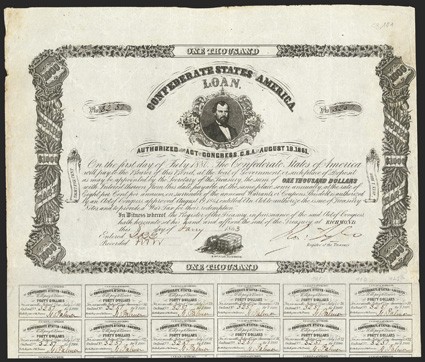 Act of August 19, 1861. $1000. Cr. 101, B-129. No. 3257. As previous. Signed by Tyler, however, with full coupons. B. Duncan. Wear and soiling at edges, VF. From The Holger
Dreher Collection