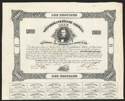 Act of August 19, 1861. $1000. Cr. 102, B-135. No. 3280. As previous. Signed by Tyler. 33 coupons below. B. Duncan. Wear along right edge, fold wear, VF. From The Holger Dreher
Collection