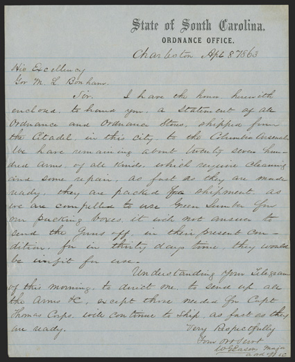 Charleston: [Milledge L. Bonham] American politician and soldier (1813-90) served in the Seminole Wars and Mexican War commanded the Army of South Carolina in the Civil War
Governor of SC. Important ALS by Major W.G. Eason, ordnance office