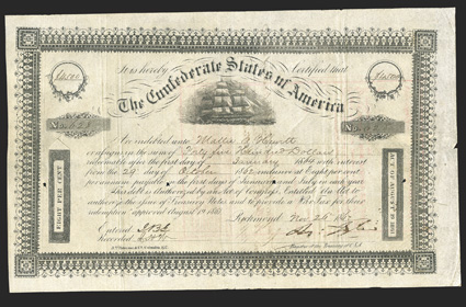 Act of August 19, 1861. $4500. Cr. 103, B-139. No. 628. Due January 1, 1864. As previous. Signed by Tyler. Edge wear including nicks at right, fold wear, spindle holes, about
VF. From The Holger Dreher Collection