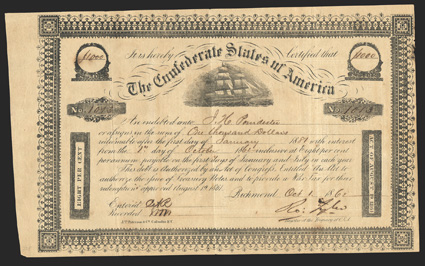 Act of August 19, 1861. $1000. Cr. 104, B-138. No. 1013. Due January 1, 1881. Full rigged sailing ship at center. Border frame has a square in each corner, however, unlike the
Criswell 103, the upper value medallions have a square footing. Ball