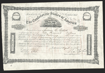 Act of August 19, 1861. $5000. Cr. 105, B-140. No. 2429. Due January 1, 1881. As previous. Signed by Tyler. Issued on the first day of April, 1865. A very late issue indeed.
Fold wear, left edge touches border, but VF. From The Holger