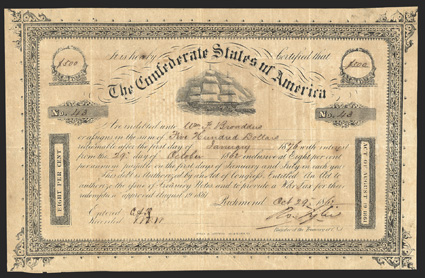 Act of August 19, 1861. $500. Cr. 106, B-137. No. 43. Due January 1, 1876. As previous. Variety 1. According to the Ball census, only 20 issued and no rarity rating as they
were not known to exist at the time the records were researched. Well
