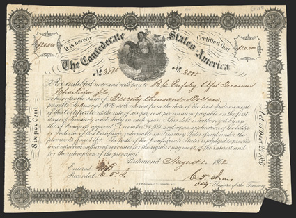 Act of December 24, 1861. $20,000. Cr. 107, B-144. No. 3885. As previous. Signed by Jones. Border Variety 2. Cut cancelled. Interest Paid stamp on the reverse. One-inch piece
out lower right corner, toned, edge wear, folds, about Fine