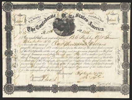 Act of December 24, 1861. $1000. Cr. 107, B-145. No. 5386. Border Variety 3. As previous. Signed by Tyler. Show-through from pen transfer on verso, foxing, edges trimmed into
border, good Fine. From The Holger Dreher Collection