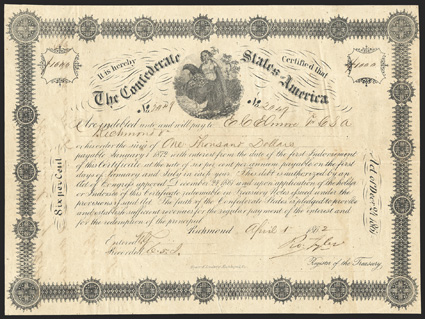 Act of December 24, 1861. $1000. Cr. 108, B-143. No. 2049. Border variety 1. Ceres with cornucopia and caduceus. Issued to and signed on reverse by Elmore. Signed by Tyler.
Hoyer & Ludwig. Creases, good VF. From The Holger Dreher Coll