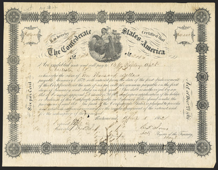 Act of December 24, 1861. $10,000. Cr. 108, B-143. No. 2104. As previous. Reverse with three endorsement.  Signed by Jones. Show-through from endorsements, edge and fold wear,
about VF. From The Holger Dreher Collection