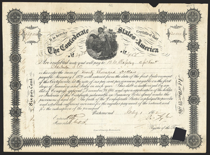 Act of December 24, 1861. $20,000. Cr. 108, B-143. No. 2966. As previous. Signed by Tyler. Cut cancelled. Interest Paid stamp, Charleston. Piece out from cut cancel at top,
large cancel square at lower right, about VF. From The Ho