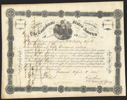 Act of December 24, 1861. $50,000. Cr. 108, B-143. No. 2053. As previous. Signed by Jones. Interest Paid stamp, Richmond. Edge wear and toning, folds, show-through from pen
transfer on verso, about VF. From The Holger Dreher Colle