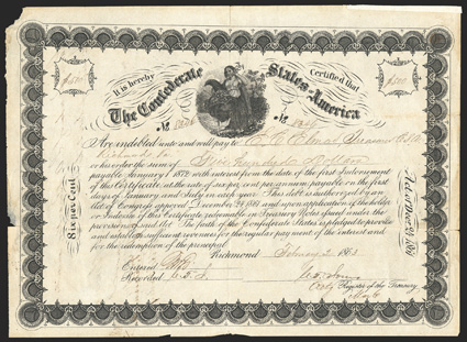 Act of December 24, 1861. $500. Cr. 109, B-146a. No. 8346. As previous. Issued to Elmore and signed on reverse. Signed by Jones. Edge wear including top left corner out, fold
wear with edge splits, toning, a sharp Fine. From The Holge