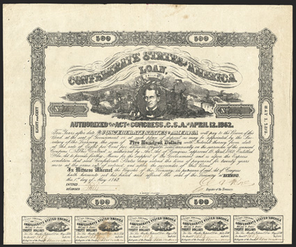 Act of April 12, 1862. $500. Cr. 111, B-148. No. 1507. C.G. Memminger at center surrounded by a representation of the Battle of Shiloh. Signed by Rose. 15 coupons below. B.
Duncan. A few spots of toning in top margin and coupons, pinholes, bu