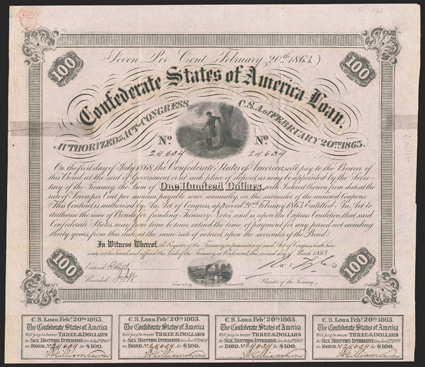 Act of February 20, 1863. $100. Cr. 120, B-212. No. 24634. As previous, except signed by Tyler. An unlisted signature variety as before. Coupons complete (10). Edge splits
repaired on verso with tape, with stains through to face, but a very s