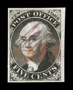 9X1, New York, N.Y. 5c Black Postmaster Provisional, signed ACM connected, premium quality used example, large to huge margins all around, especially strong color and a detailed
impression, light red Paid cancel, extremely fine 1988 PF certif