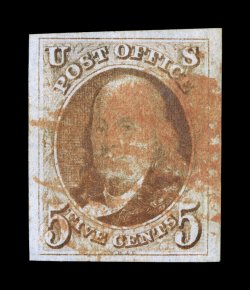 1, 5c Brown, used, large to very large margins all around, fine impression, red grid cancel, extremely fine encapsulated PSE certificate (XF 90 SMQ $960.00).