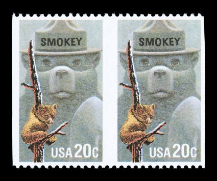 2096d, 20c Smokey the Bear, imperforate vertically, horizontal pair, brilliantly fresh, o.g., n.h., faint fingerprint on gum, very fine only 20-25 pairs have been
reported.