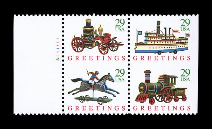 2718, 29c Toys se-tenant booklet pane of four, imperforate horizontally, left margin plate no. A111111 pane of four, wonderfully fresh, o.g., n.h., extremely fine a rare error,
being the first we have ever offered listed but unpriced in Sc