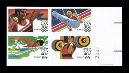 C108d, 40c Olympics se-tenant block of four, imperforate, an extremely rare bottom right corner margin plate no. 2222 block of four, large margins, o.g., n.h., extremely fine
only three or four plate blocks exist 1985 PF certificate unlis