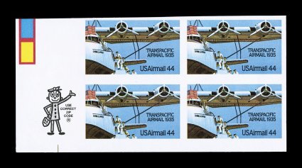 C115a, 44c Transpacific Airmail, imperforate, bottom left corner Zip block of four, brilliantly fresh, o.g., n.h., top right stamp with tiny gum skip, very fine clear 2001 PSE
certificate cataloged as two pairs.