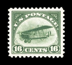 C2, 16c Green, a marvelously choice mint single of this stamp, which is one of the most difficult of all the air post issues to find in select quality, being precisely centered
within large margins, rich luxuriant color and a deeply incised impr