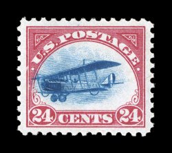 C3, 24c Carmine rose and blue, an incredibly choice quality mint example, being impeccably well centered amid especially large margins, plus its color is wonderfully bright and
fresh, immaculate o.g. without a single bend or skip, n.h., an extre